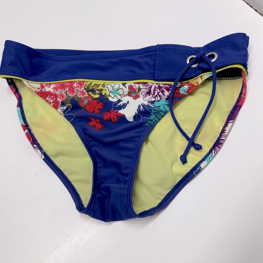 Athleta Blue Floral Print Emerald Bay Side Tie Bikini Swim Bottoms Sz M